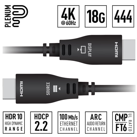 Key Digital 164FT (50M) 4K@60Hz/444/18G - Plenum Active Optical HDMI Cable CMP/FT6 UL Rated KD-AOCH164P, Black.