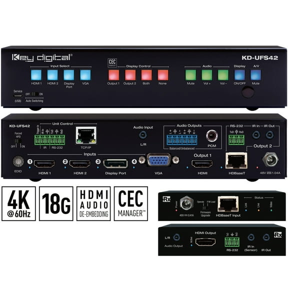 Key Digital 4x4 4K 18G 2 Mirrored Output Multi-Format Presentation Switcher KD-UFS42, Black Metal, 3.5lbs