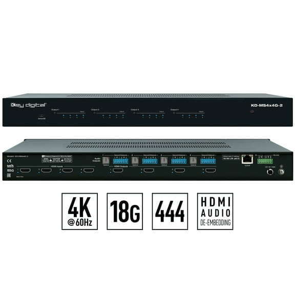Key Digital 4x4 4K 18G HDMI Matrix Switch KD-MS4x4G-2, with Independent Audio Routing, 8 Ports, 5.62lbs, Black