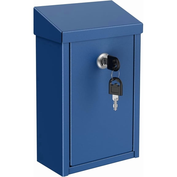 Key Drop Box for Outside, Blue Donation Box Collection Boxes with Key Lock, Safe Suggestion Boxes, Wall Mounted Mailbox with Slot, Drop Chest for Office Business