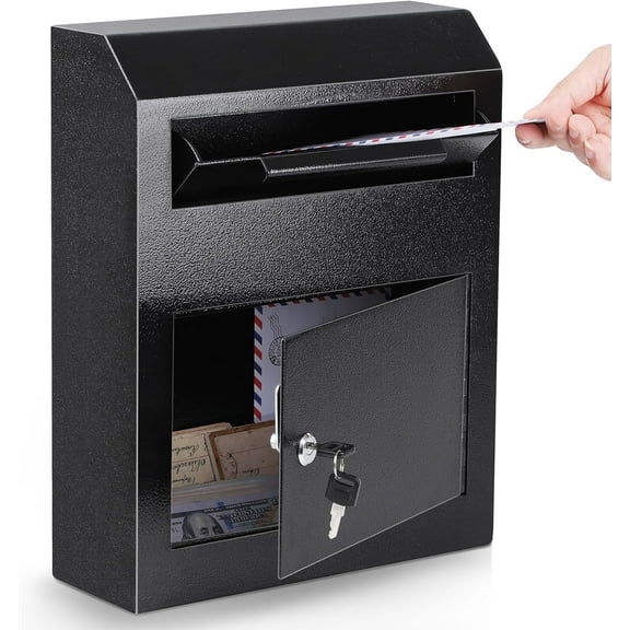 Key Drop Box, Wall Mounted Mailbox with Key Lock, Money Drop Depository Safe Box with Slot for Business, Indoor Use, Black