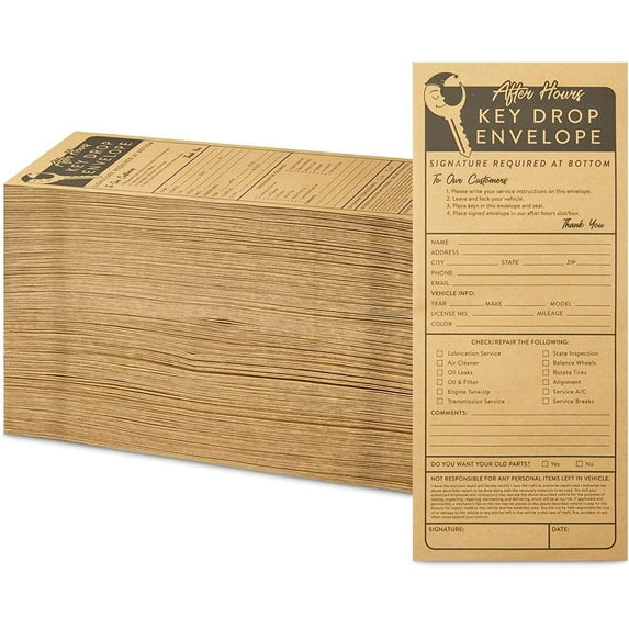 Okuna Outpost Key Drop Envelopes - 4.12 x 9.5 In, Beige, 200 Pack - After-Hours Auto Shop Drop Off Envelopes With Service Checkboxes & Adhesive Seal