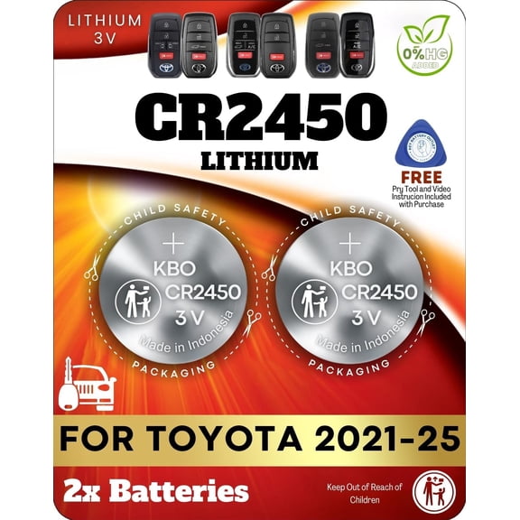 Key Fob Batteries for Toyota (2-Pack) CR2450 - Sienna, Corolla Cross, RAV4 Prime, Venza, Prius, Tundra, Grand Highlander, Tacoma, Crown, Sequoia, bZ4x - Check Fitment Guide