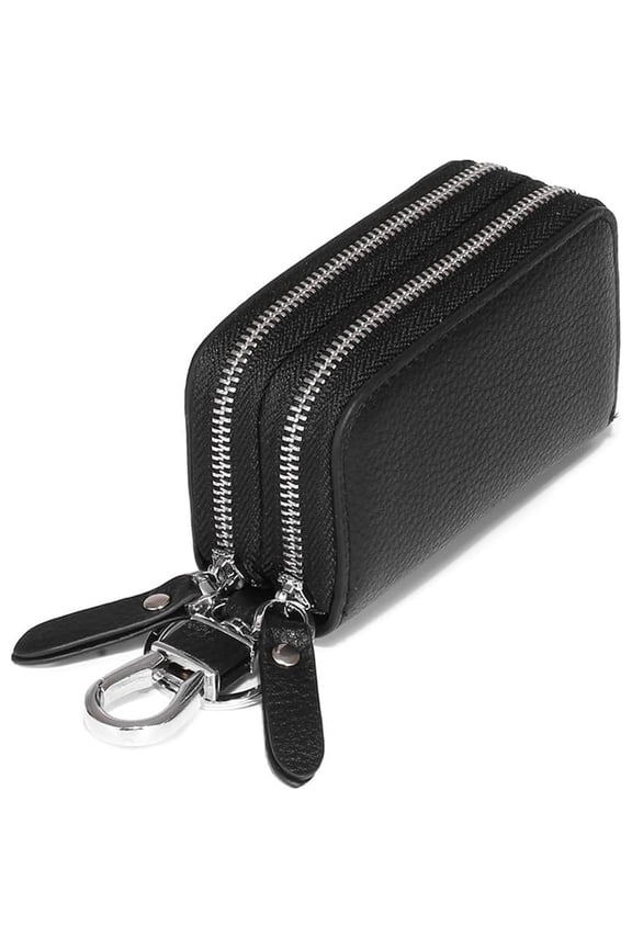 Key Fob Case Genuine Leather, Double Zipper Car Key Holder & Key Wallet with Keychain, Key Pouch for Purse Gift