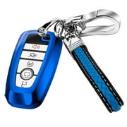 Key Fob Cover Case for Ford Soft TPU Key Holder Full Coverage Car Key Protector with Leather Keychain Lanyard for Ford Explorer Mustang Fusion Escape F150 F250 F350 F450 F550 Edge, Blue