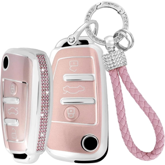 Key Fob Cover Compatible with Audi A3 A5 A5L A6 A6L Q6L Q6 RSQ6 RS6 SQ6 S6 E-tron 2025-2026 Crystal Diamond Keychain Case Holder Protector,Type-A-flip-pink
