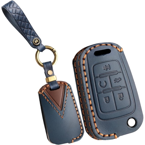 Key Fob Cover Compatible with Chevrolet Equinox Camaro Cruze Malibu Impala Spark Trax Sonic Buick Lacrosse Encore Verano Regal Terrain Acadia Cowhide 5 Button Keychain Case Holder Protector,Blue