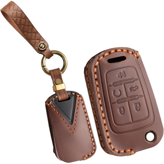 Key Fob Cover Compatible with Chevrolet Equinox Camaro Cruze Malibu Impala Spark Trax Sonic Buick Lacrosse Encore Verano Regal Terrain Acadia Cowhide 5 Button Keychain Case Holder Protector,Brown