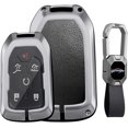 thumbnail image 1 of Key Fob Cover Compatible with Chevrolet Silverado Traverse Equinox GMC Sierra 1500 2500HD 2021-2025 Leather/Zinc Alloy 5 Button Keychain Case Holder Protector,Black-Short keychain, 1 of 9