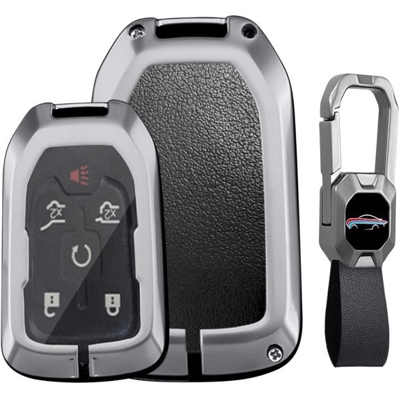 Key Fob Cover Compatible with Chevrolet Silverado Traverse Equinox GMC Sierra 1500 2500HD 2021-2025 Leather/Zinc Alloy 5 Button Keychain Case Holder Protector,Black-Short keychain