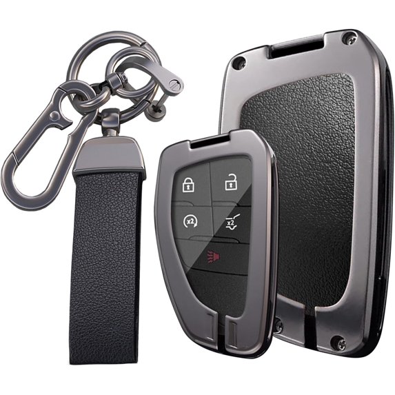 Key Fob Cover Compatible with Chevrolet Silverado Traverse Equinox GMC Sierra 1500 2500HD 2021-2025 Leather/Zinc Alloy 5 Button Keychain Case Holder Protector,Black-long Keychain