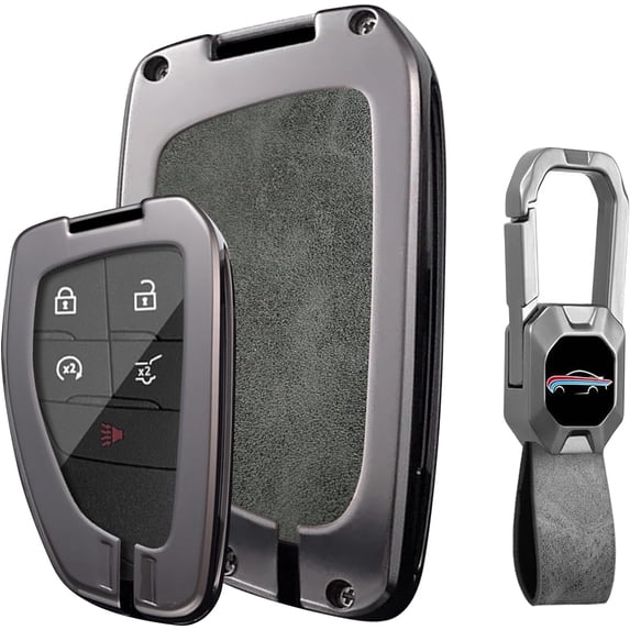 Key Fob Cover Compatible with Chevrolet Silverado Traverse Equinox GMC Sierra 1500 2500HD 2021-2025 Leather/Zinc Alloy 5 Button Keychain Case Holder Protector,Gray-short Keychain