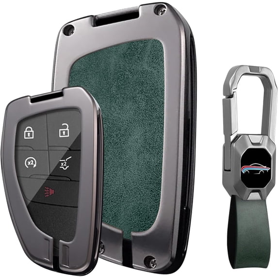 Key Fob Cover Compatible with Chevrolet Silverado Traverse Equinox GMC Sierra 1500 2500HD 2021-2025 Leather/Zinc Alloy 5 Button Keychain Case Holder Protector,Green-short Keychain