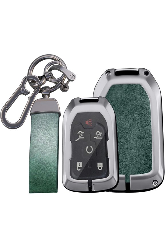 Key Fob Cover Compatible with Chevrolet Silverado Traverse Equinox GMC Sierra 1500 2500HD 2021-2025 Leather/Zinc Alloy 5 Button Keychain Case Holder Protector,Green-Long keychain