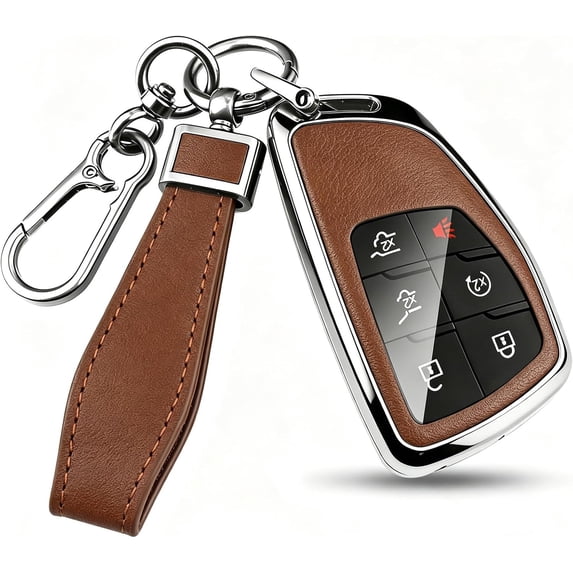 Key Fob Cover Compatible with Chevrolet Tahoe Suburban Silverado GMC Sierra Yukon Denali Buick Envision 2020-2025 5 Button Keychain Case Holder Protector,Silver-Brown
