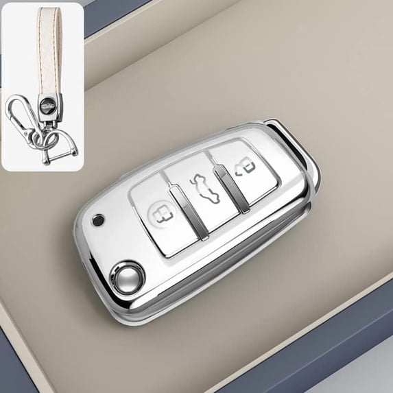 Key Fob Cover Compatible with Fit for Audi Q3 Q7 R8 A6L TT, Sliver-Edge, 3 Button, Flip Key Fob, Keyless, Key Case, Leather Keychain, Keychain Case Holder Protector,Beige-A