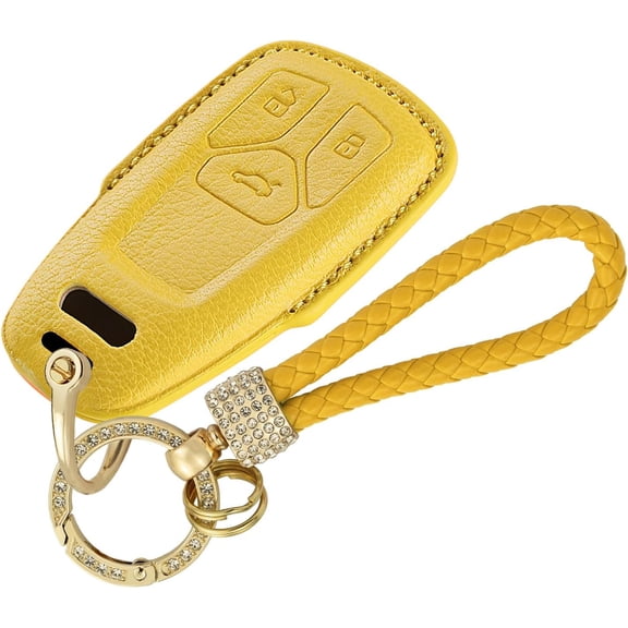 Key Fob Cover Compatible with Fit for Audi Q5 A4 Q7 TT A3 A6 SQ5 R8 S5 A5 2018-2023, Leather, Smart Key Fob Housing, Keyless Remote, Keychain Case Holder Protector,Yellow