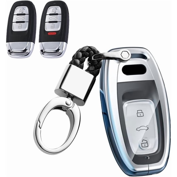 Key Fob Cover Compatible with Fit for Audi Q5 Q7 S3 S4 S5 S6 S7 S8 SQ5 RS5 RS7 A4 A5 A6 A7, ABS Zinc Alloy, 3 Button, Keyless Key Holder, Keychain, Keychain Case Holder Protector,Silver