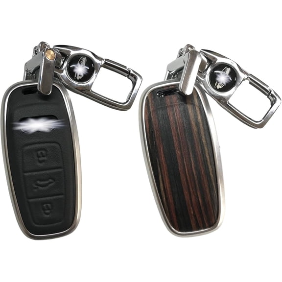 Key Fob Cover Compatible with Fit for Audi, Real Wood Backplate, Leather, Alloy Frame, Shockproof, Scratch Resistant, Protection, Keychain Case Holder Protector,Black,Ebony Wood