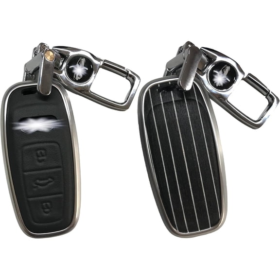 Key Fob Cover Compatible with Fit for Audi, Real Wood Backplate, Leather, Alloy Frame, Shockproof, Scratch Resistant, Protection, Keychain Case Holder Protector,Black,Beaufort Oak Wood