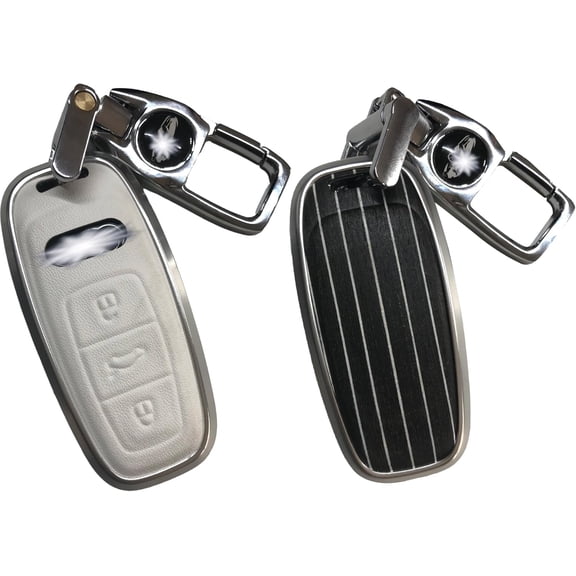 Key Fob Cover Compatible with Fit for Audi, Real Wood Backplate, Leather, Alloy Frame, Shockproof, Scratch Resistant, Protection, Keychain Case Holder Protector,White,Beaufort Oak Wood