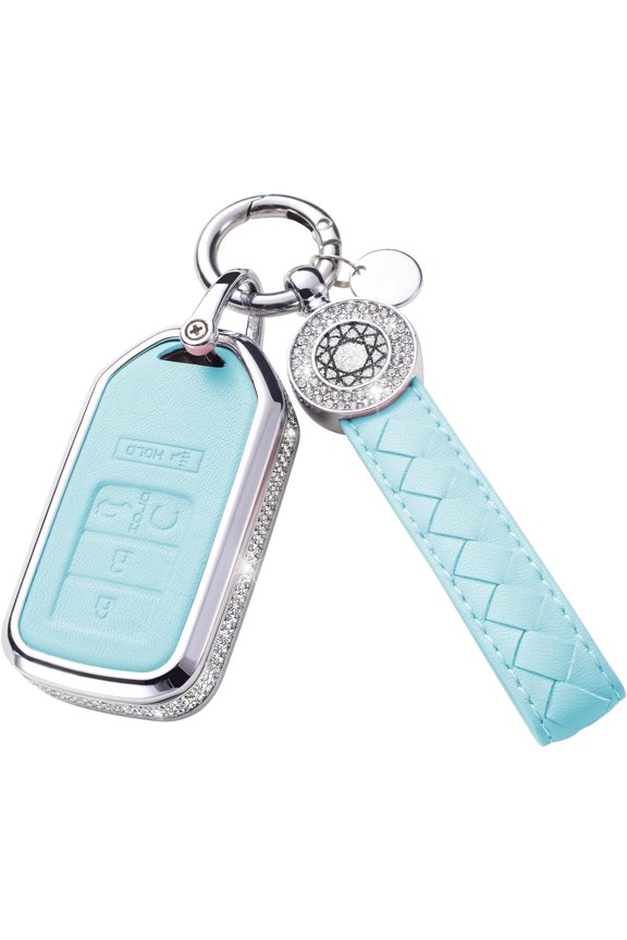 Key Fob Cover Compatible with Fit for Honda Accord Civic CRV Pilot HRV Odyssey Ridgeline Passport Bling Rhinestone Blue Leather Car Key Case Protection Shell with Keychain Case Holder Protector