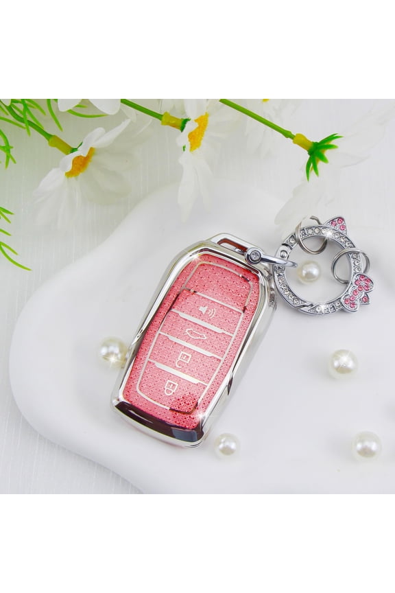 Key Fob Cover Compatible with Fit for Toyota Camry Venza RAV4 Prime Land Cruiser Fortuner Grand Highlander 2019-2024 Stylish Pink 4-Button Smart Key Protector Decorative Cat Clip Keychain Start