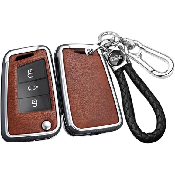 Key Fob Cover Compatible with Fit for VW Tiguan Atlas 2022 Golf GTI Jetta Arteon Audi A1 2021 Skoda, 3/4 Button, Flip Key, PU Leather, Weaving Keyring, Keychain Case Holder Protector,Silver-brown