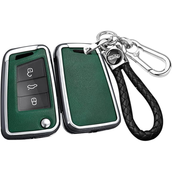 Key Fob Cover Compatible with Fit for VW Tiguan Atlas 2022 Golf GTI Jetta Arteon Audi A1 2021 Skoda, 3/4 Button, Flip Key, PU Leather, Weaving Keyring, Keychain Case Holder Protector,Silver-green