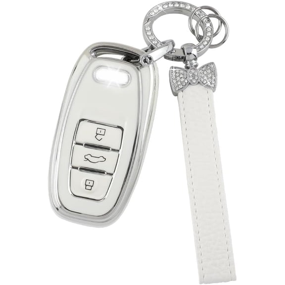 Key Fob Cover Compatible with Fit for Volkswagen Tiguan Golf GTI Altas Jetta Soft TPU Bling Crystal Glitter Girly White Car Key Shell Case Keychain Lanyard Case Holder Protector