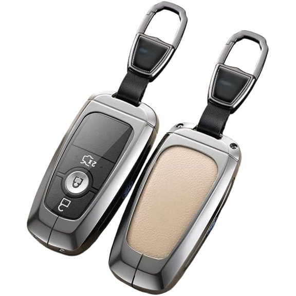 Key Fob Cover Compatible with Ford Explorer Fusion Escape Edge Expedition F150 F250 F350 Maverick Mustang 3/4/5 Button Leather Keychain Case Holder Protector,Beige,Come with Key Hook