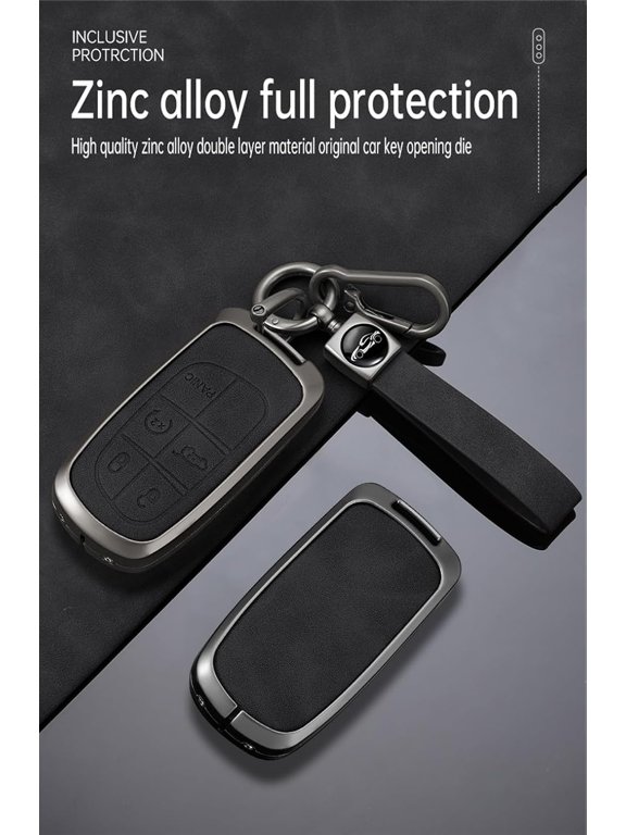 Key Fob Cover Compatible with Jeep Compass/Durango/Cherokee/Grand Cherokee/Renegade Charger/RAM/Chrysler 300 Leather and Metal 5 Button Keychain Case Holder Protector,5 Button Black