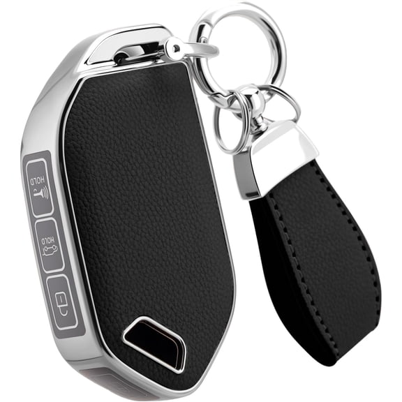 Key Fob Cover Compatible with Kia Telluride Carnival Sorento K4 K5 GT-Line 5 Button Leather TPU Metal Keychain Case Holder Protector,Silver-edged black,5 Buttons