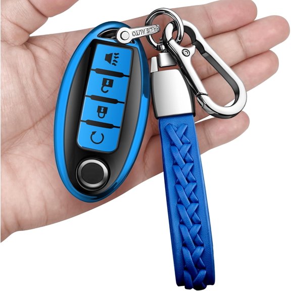 Key Fob Cover Compatible with Nissan Altima Sentra Rogue Pathfinder Murano Armada Maxima Versa Leather TPU Smart Key Keychain Case Holder Protector,Blue,4 Buttons