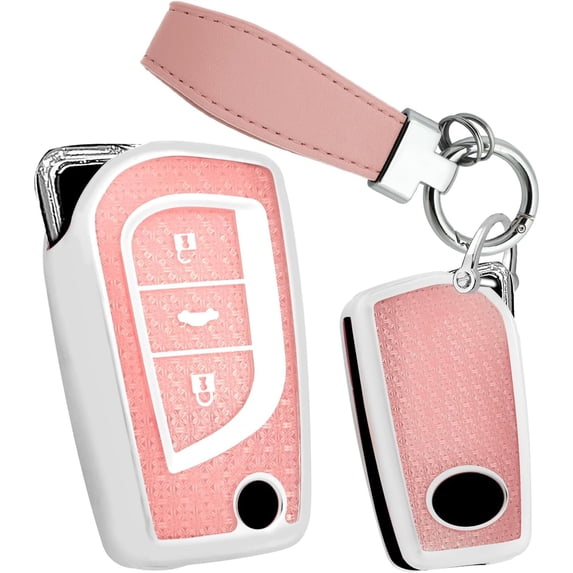 Key Fob Cover Compatible with Toyota Fortuner Tundra Camry RAV4 Highlander Corolla 2018-2024 3 Button Keychain Case Holder Protector,Leather Keychain-pink