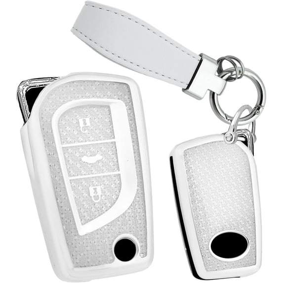 Key Fob Cover Compatible with Toyota Fortuner Tundra Camry RAV4 Highlander Corolla 2018-2024 3 Button Keychain Case Holder Protector,Leather Keychain-white