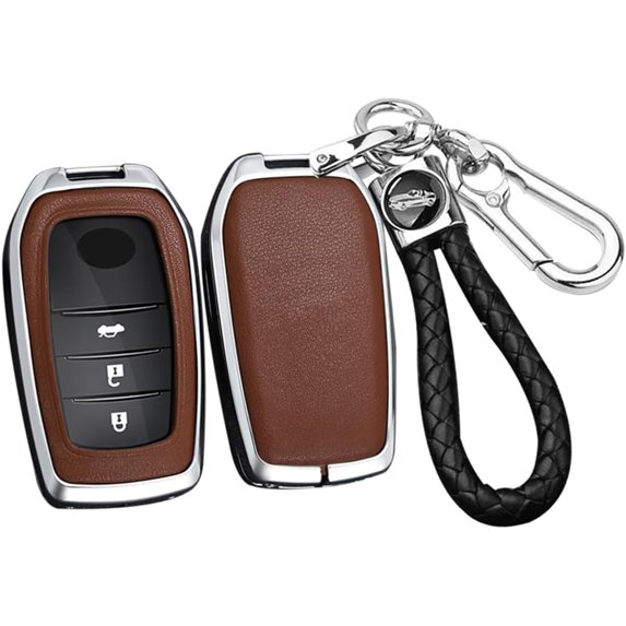 Key Fob Cover Compatible with Toyota Land Cruiser Venza RAV4 Prime Hilux Fortuner Tundra Corolla Cross Sequoia 2016-2023 4 Button Keychain Case Holder Protector,Silver-brown