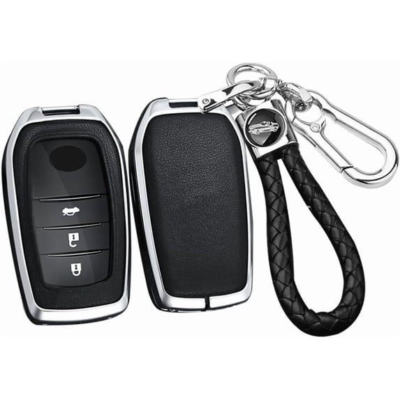 Key Fob Cover Compatible with Toyota Land Cruiser Venza RAV4 Prime Hilux Fortuner Tundra Corolla Cross Sequoia 2016-2023 4 Button Keychain Case Holder Protector,Silver-black