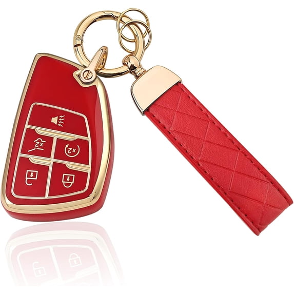 Key Fob Cover Compatible with Fit for GMC Yukon Denali Sierra Chevy Silverado Suburban Tahoe Buick Keychain Case Holder Protector,Red, Keychain