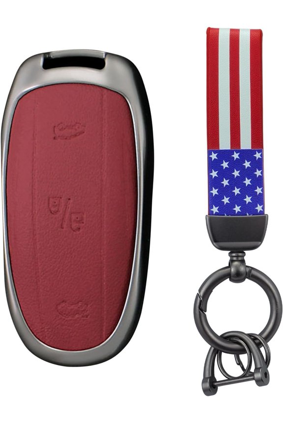 Key Fob Cover Compatible with Tesla Model X 2021-2025 Leather/Metal 4 Button Keychain Case Holder Protector,A Red
