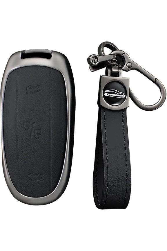 Key Fob Cover Compatible with Tesla Model X 2021-2025 Leather/Metal 4 Button Keychain Case Holder Protector,B Black