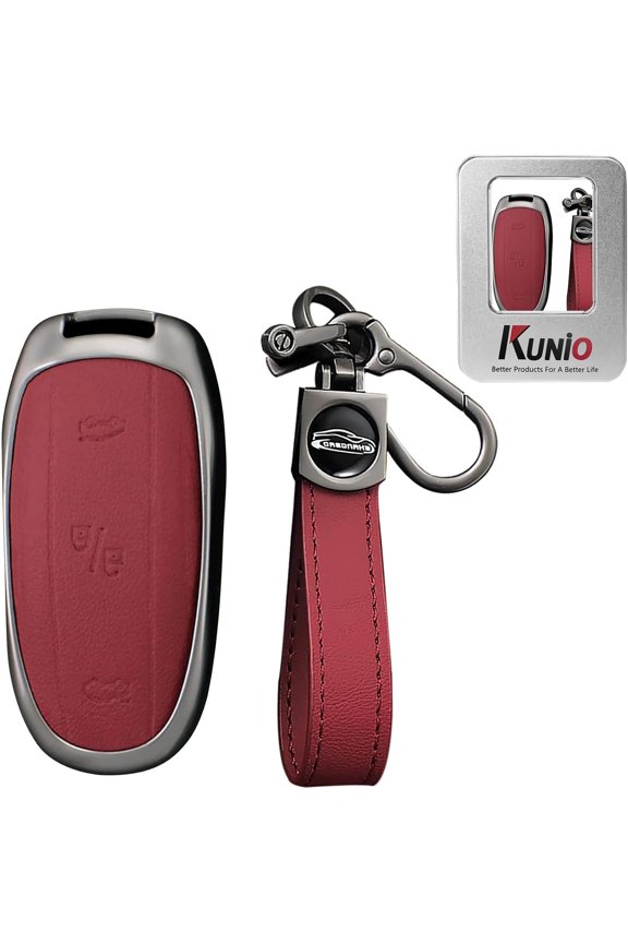 Key Fob Cover Compatible with Tesla Model X 2021-2025 Leather/Metal 4 Button Keychain Case Holder Protector,B Red
