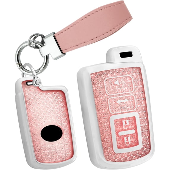 Key Fob Cover Compatible with Toyota Avalon Camry Corolla Highlander RAV4 2018-2024 4 Button Keychain Case Holder Protector,Leather Keychain-pink