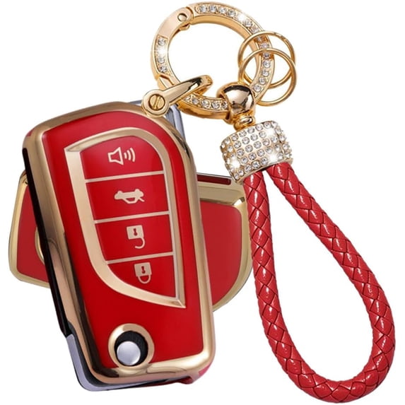 Key Fob Cover Compatible with Toyota Camry SE/LE 2018-2024 Corolla LE 2020-2026 4 Button Keychain Case Holder Protector,Gold Red