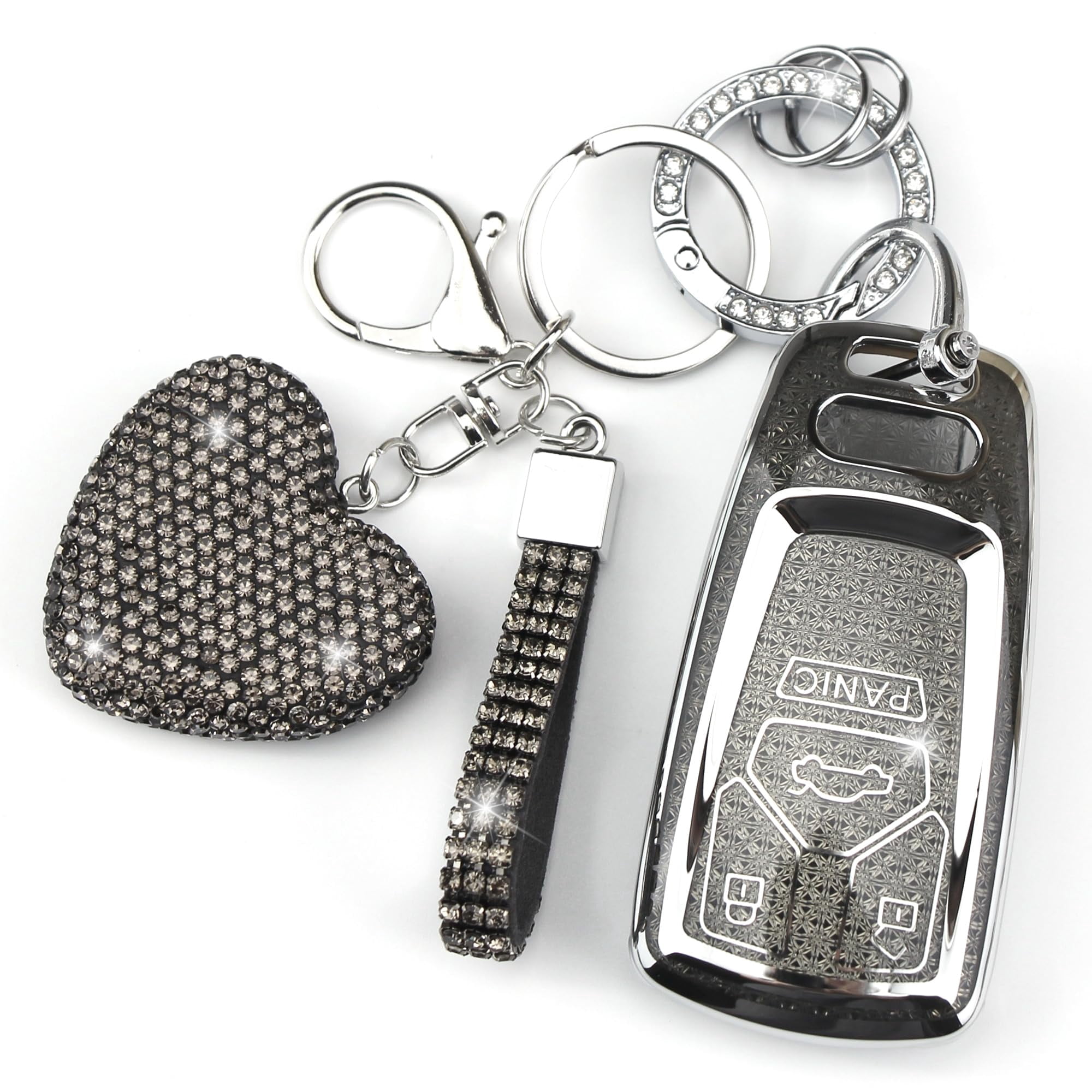 Key Fob Cover with Diamond Keychain Car Key Holder Compatible with Audi A4 A5 A6 A7 A8 /S4 S5 S8 SQ5 SQ7/RS4 RS5 R8 TTRS TTS TT/B9 C8 D5 F5 Q2 Q5 Q7/FY 4M FV, 4 Buttons
