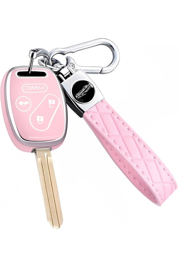 Key Fob Cover for Honda with Leather Keychain, Premium TPU Key Case Compatible with Honda 2003-2015 Accord Fit Civic EX CR-V Pilot Ridgeline Element Remote Smart Car Key Protector4 Buttons Pink