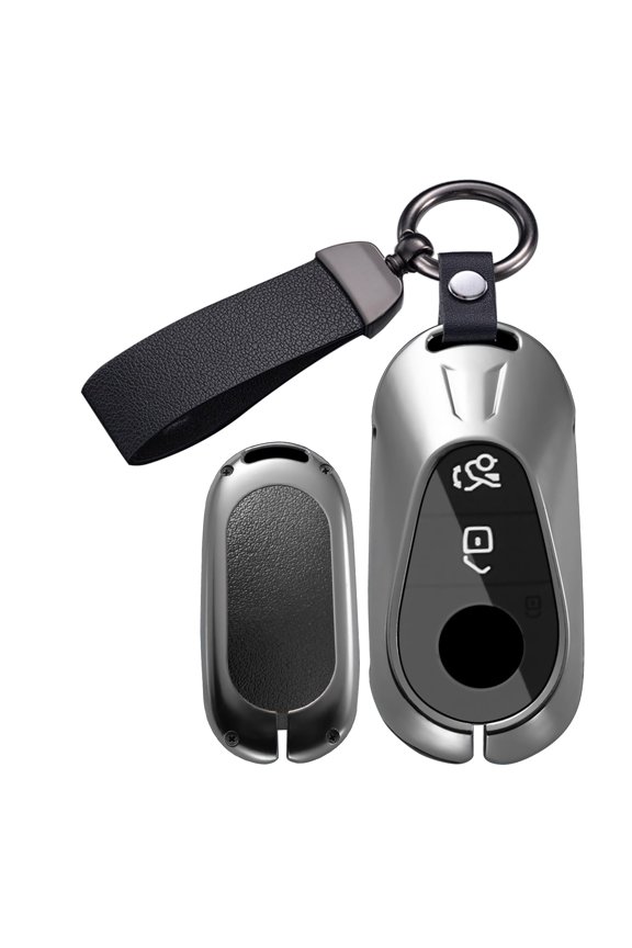 Key Fob Housing with Keychain Full Protection Solid Metal Frame Key Shell Leather Key Case Compatible with Mercedes-Benz C-Class S-Class E-CLAS CLE GLC EQS EQE SL 2021-up
