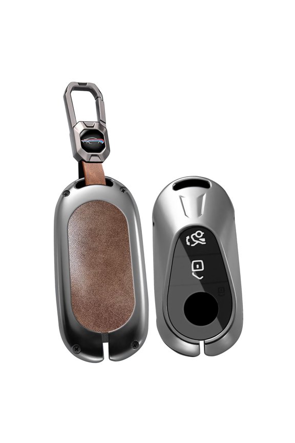 Key Fob Housing with Keychain Full Protection Solid Metal Frame Key Shell Leather Key Case Compatible with Mercedes-Benz C-Class S-Class E-CLAS CLE GLC EQS EQE SL 2021-up
