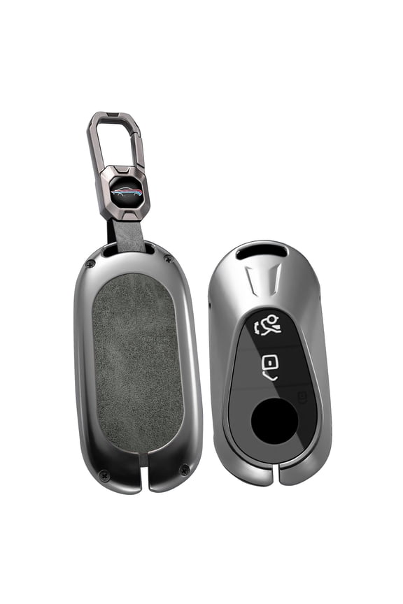 Key Fob Housing with Keychain Full Protection Solid Metal Frame Key Shell Leather Key Case Compatible with Mercedes-Benz C-Class S-Class E-CLAS CLE GLC EQS EQE SL 2021-up
