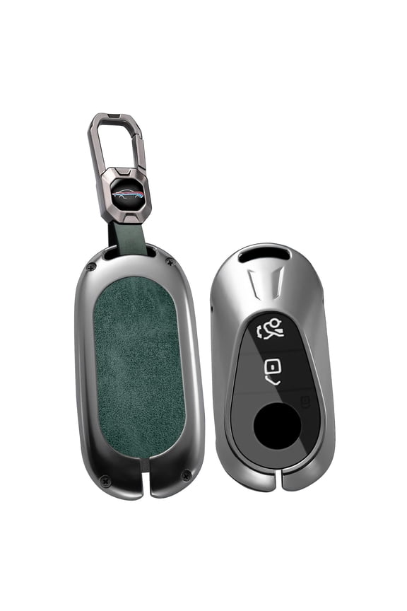 Key Fob Housing with Keychain Full Protection Solid Metal Frame Key Shell Leather Key Case Compatible with Mercedes-Benz C-Class S-Class E-CLAS CLE GLC EQS EQE SL 2021-up